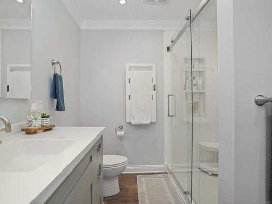 Bathroom, Glass Shower, Interior, Recessed Lighting, Wood Texture Flooring