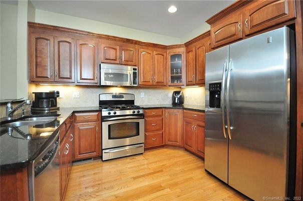Interior, Kitchen, Recessed Lighting, Stainless Steel Appliances, Wood Texture Flooring