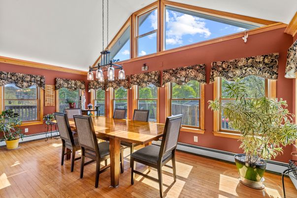 Dining room, Interior, Pendant Lights, Wooden Beams, Wood Texture Flooring