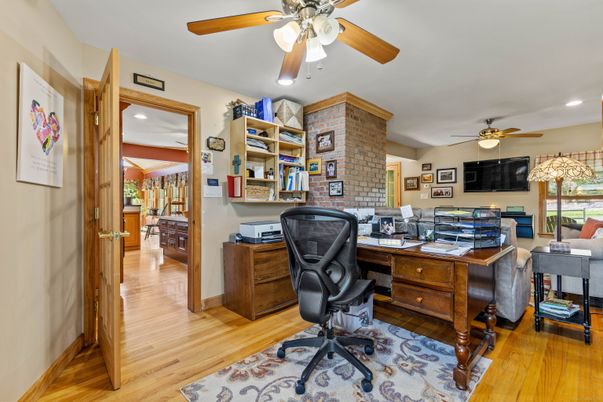 Home Office, Interior, Recessed Lighting, Stone Walls, Wood Texture Flooring