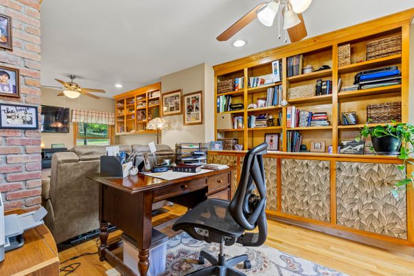 Home Office, Interior, Recessed Lighting, Stone Walls, Wood Texture Flooring