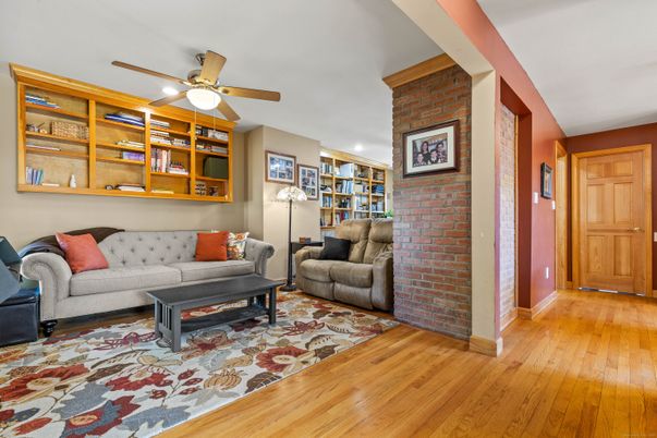 Interior, Living room, Recessed Lighting, Stone Walls, Wood Texture Flooring