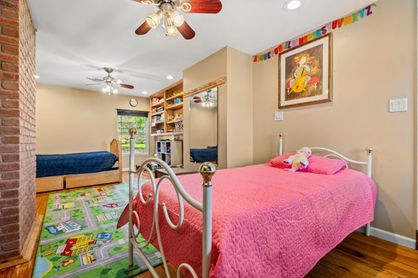 Bedroom, Interior, Recessed Lighting, Stone Walls, Wood Texture Flooring