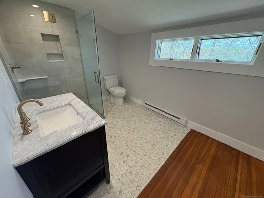 Bathroom, Glass Shower, Interior, Recessed Lighting, Wood Texture Flooring