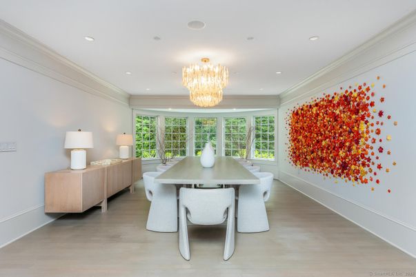 Chandelier, Dining room, Interior, Recessed Lighting, Wood Texture Flooring