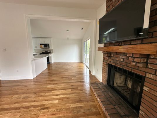 Fireplace, Interior, Kitchen, Stainless Steel Appliances, Wood Texture Flooring