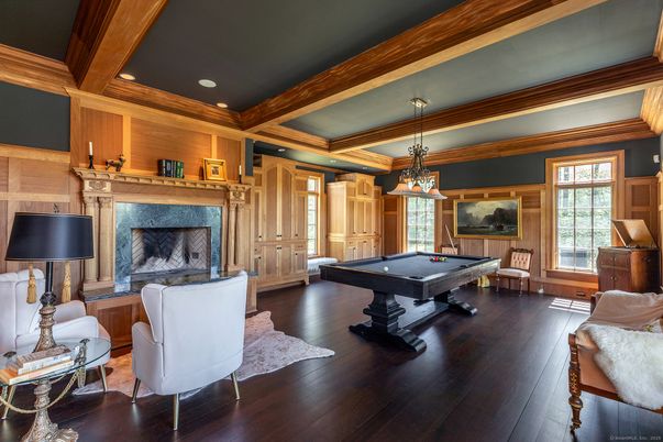 Billiard Table, Game Room, Interior, Pendant Lights, Recessed Lighting, Wooden Beams, Wood Texture Flooring, Wooden Walls