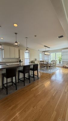 Dining room, Interior, Kitchen, Pendant Lights, Recessed Lighting, Wood Texture Flooring