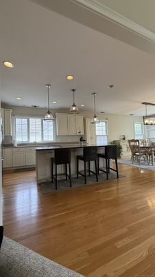 Dining room, Interior, Kitchen, Pendant Lights, Recessed Lighting, Wood Texture Flooring