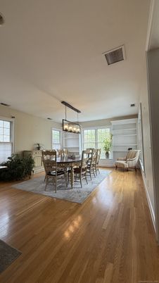 Dining room, Interior, Pendant Lights, Wood Texture Flooring