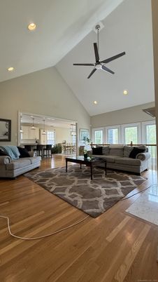 Interior, Living room, Pendant Lights, Recessed Lighting, Wood Texture Flooring