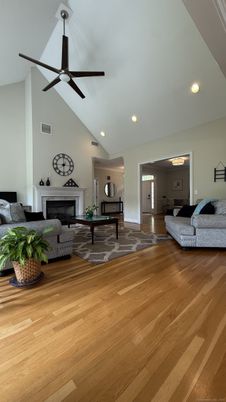 Fireplace, Interior, Recessed Lighting, Wood Texture Flooring