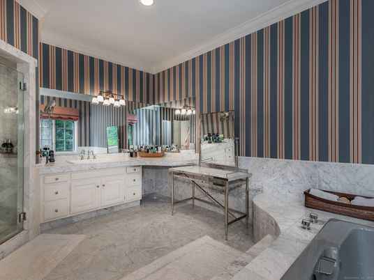 Bathroom, Dual Sink Vanities, Glass Shower, Interior, Marble, Recessed Lighting