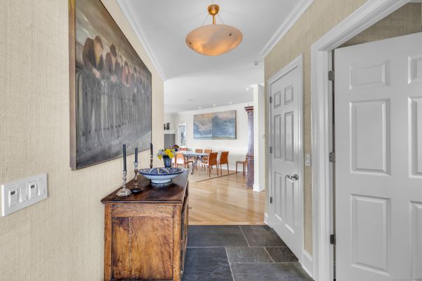 Dining room, Interior, Pendant Lights, Recessed Lighting, Wood Texture Flooring