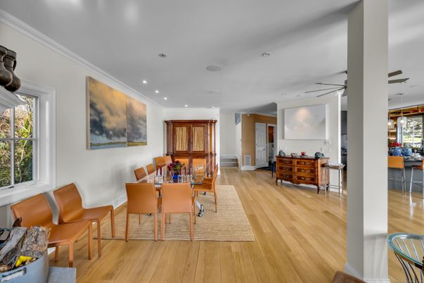 Dining room, Interior, Pendant Lights, Recessed Lighting, Wood Texture Flooring