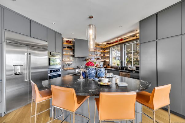 Interior, Kitchen, Pendant Lights, Recessed Lighting, Stainless Steel Appliances, Wood Texture Flooring