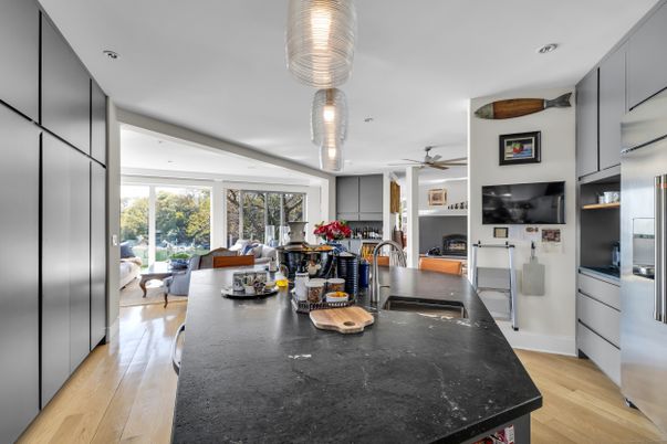 Interior, Kitchen, Living room, Pendant Lights, Recessed Lighting, Wood Texture Flooring