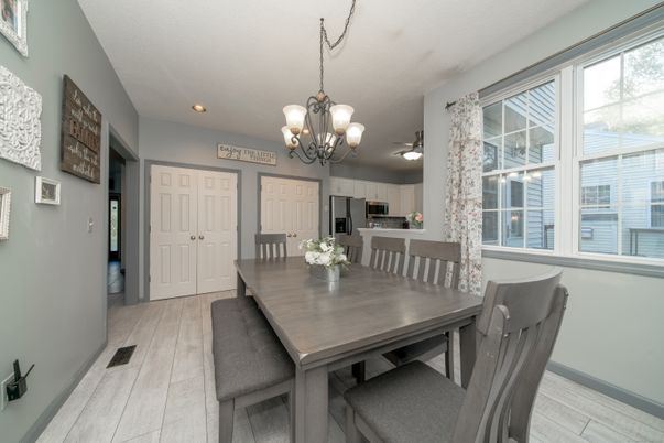 Chandelier, Dining room, Interior, Kitchen, Recessed Lighting, Wood Texture Flooring