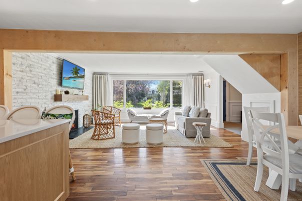 Fireplace, Interior, Living room, Recessed Lighting, Stone Walls, Wooden Beams, Wood Texture Flooring