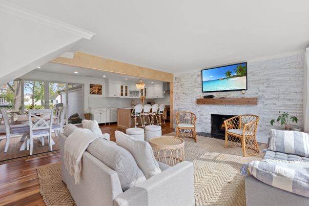 Dining room, Fireplace, Interior, Kitchen, Living room, Pendant Lights, Recessed Lighting, Stone Walls, Wood Texture Flooring