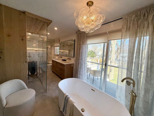 Bathroom, Chandelier, Free Standing Baths, Glass Shower, Interior, Recessed Lighting