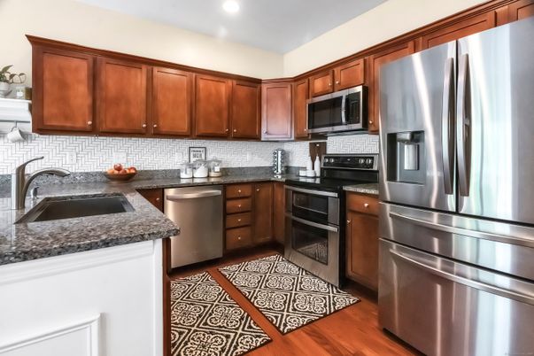 Interior, Kitchen, Recessed Lighting, Stainless Steel Appliances, Wood Texture Flooring