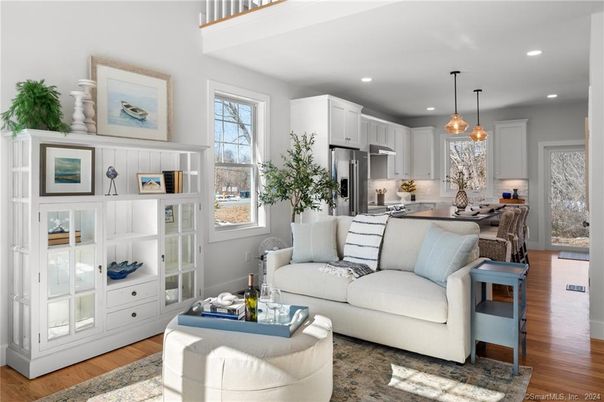 Dining room, Interior, Kitchen, Living room, Pendant Lights, Recessed Lighting, Stainless Steel Appliances, Wood Texture Flooring