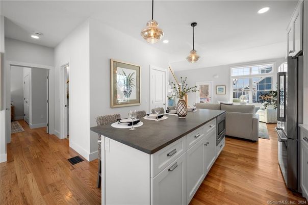 Interior, Kitchen, Living room, Pendant Lights, Recessed Lighting, Wood Texture Flooring