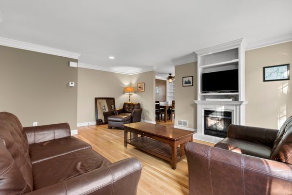 Fireplace, Interior, Living room, Recessed Lighting, Wood Texture Flooring