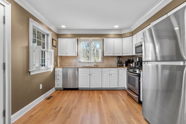 Interior, Kitchen, Recessed Lighting, Stainless Steel Appliances, Wood Texture Flooring