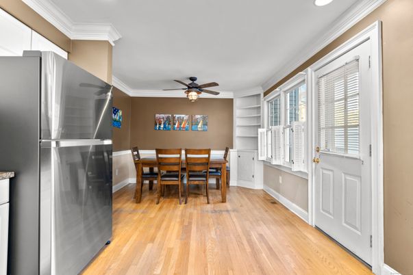 Dining room, Interior, Recessed Lighting, Wood Texture Flooring
