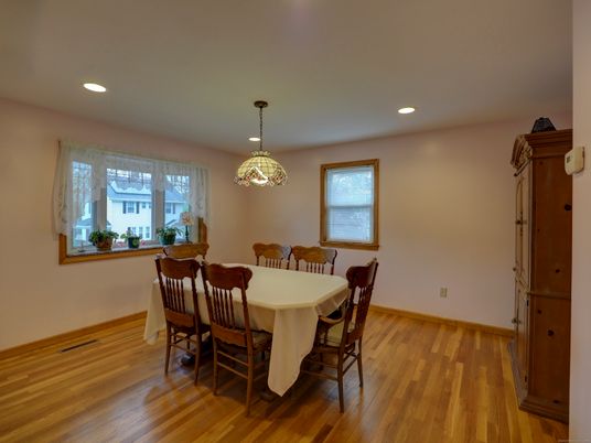 Dining room, Interior, Pendant Lights, Recessed Lighting, Wood Texture Flooring