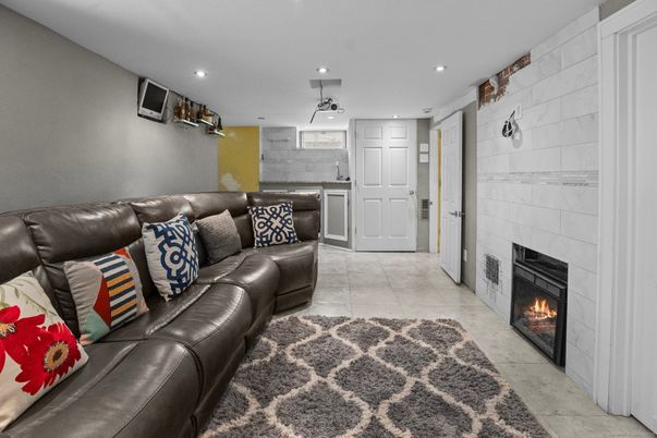 Fireplace, Interior, Kitchen, Living room, Pendant Lights, Recessed Lighting
