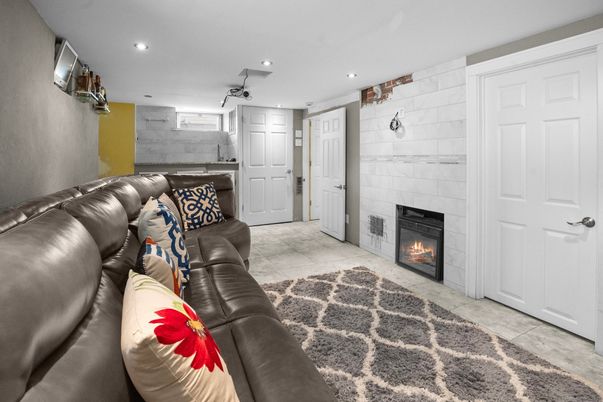 Fireplace, Interior, Living room, Recessed Lighting, Stone Walls