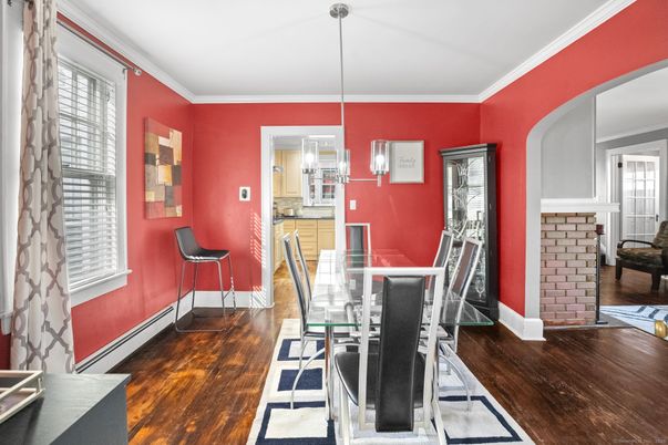 Dining room, Interior, Pendant Lights, Wood Texture Flooring