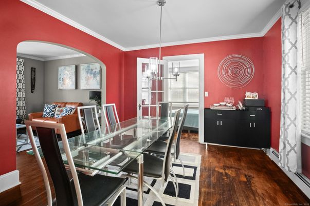 Dining room, Interior, Pendant Lights, Wood Texture Flooring