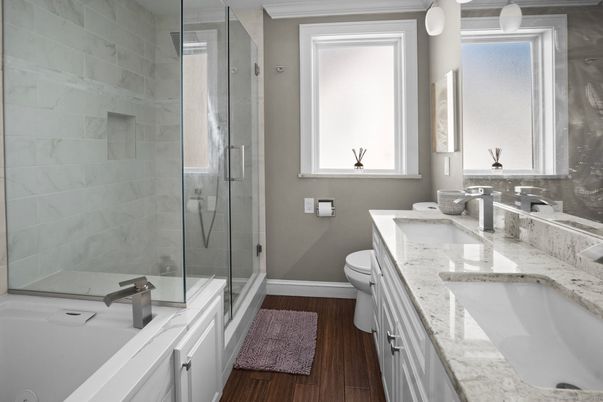Bathroom, Dual Sink Vanities, Glass Shower, Interior, Wood Texture Flooring