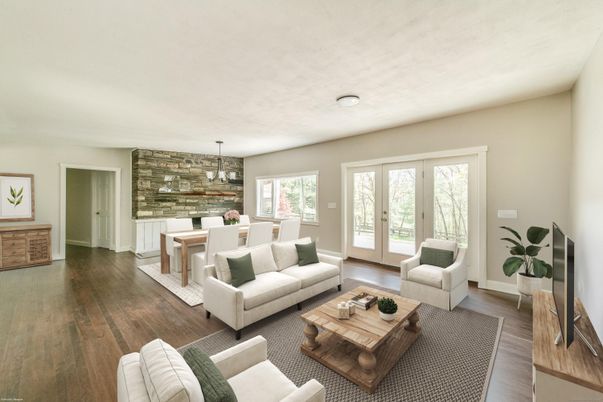 Dining room, Interior, Living room, Pendant Lights, Stone Walls, Wood Texture Flooring