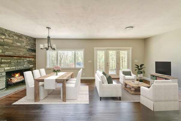 Dining room, Fireplace, Interior, Living room, Pendant Lights, Stone Walls, Wood Texture Flooring