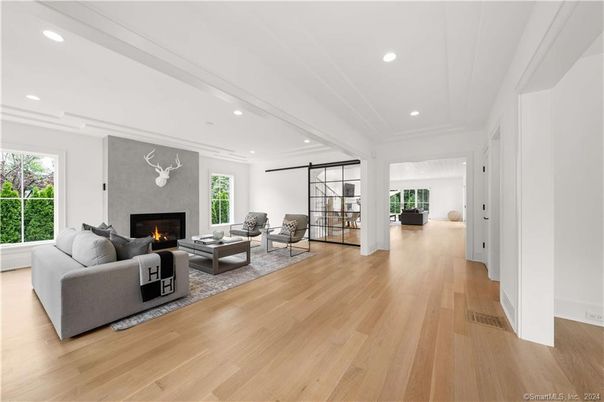 Fireplace, Interior, Living room, Recessed Lighting, Wood Texture Flooring