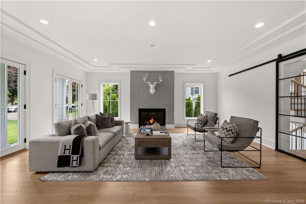 Fireplace, Interior, Living room, Recessed Lighting, Wood Texture Flooring