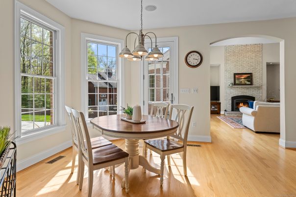 Dining room, Fireplace, Interior, Living room, Pendant Lights, Stone Walls, Wood Texture Flooring