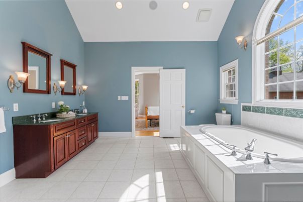 Bathroom, Dual Sink Vanities, Interior, Recessed Lighting, Tile Countertops