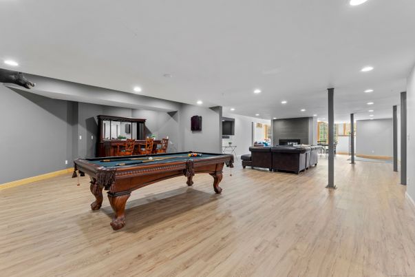 Billiard Table, Game Room, Interior, Recessed Lighting, Wood Texture Flooring
