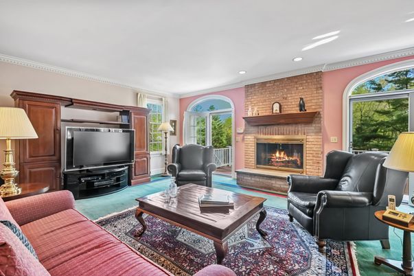 Fireplace, Interior, Living room, Recessed Lighting, Stone Walls