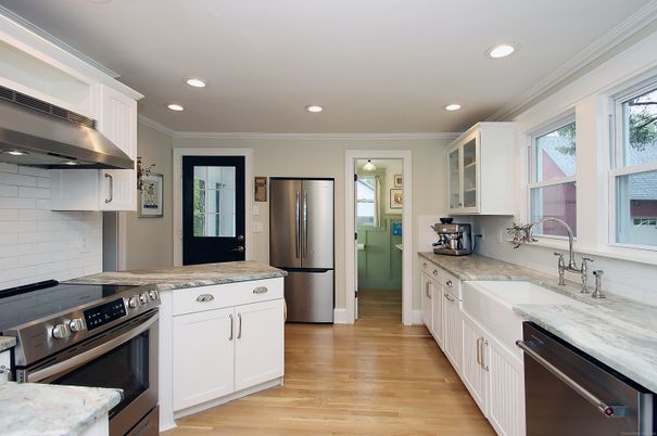 Interior, Kitchen, Recessed Lighting, Stainless Steel Appliances, Wood Texture Flooring
