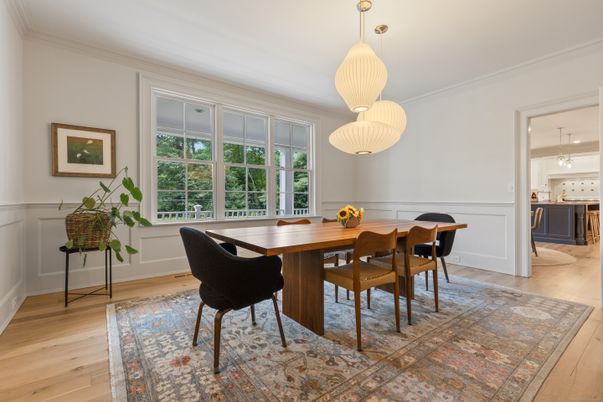 Dining room, Interior, Pendant Lights, Wood Texture Flooring