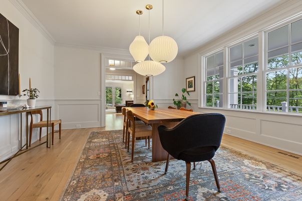 Dining room, Interior, Pendant Lights, Wood Texture Flooring