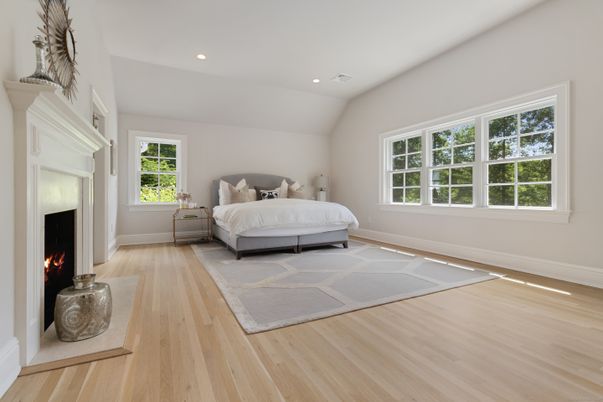 Bedroom, Fireplace, Interior, Recessed Lighting, Wood Texture Flooring