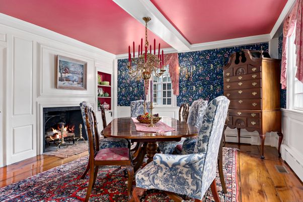 Dining room, Fireplace, Interior, Pendant Lights, Wood Texture Flooring